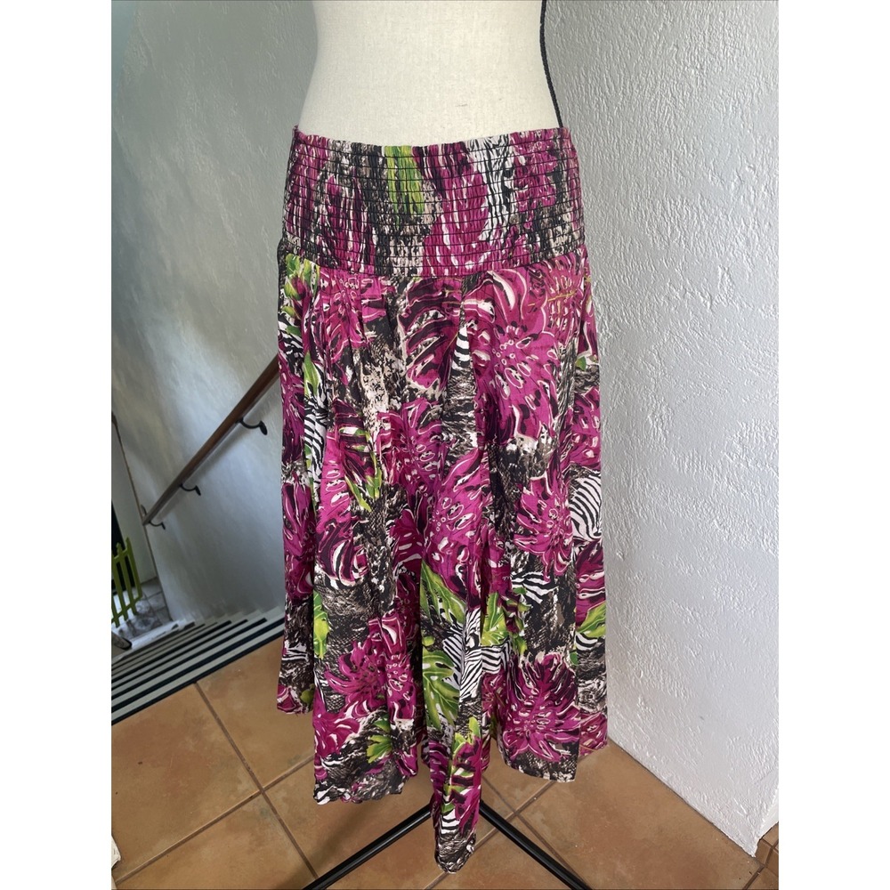 Grace Elements NWOT Exotic Tropical Pink smocked waist midi cotton‎ Size Large